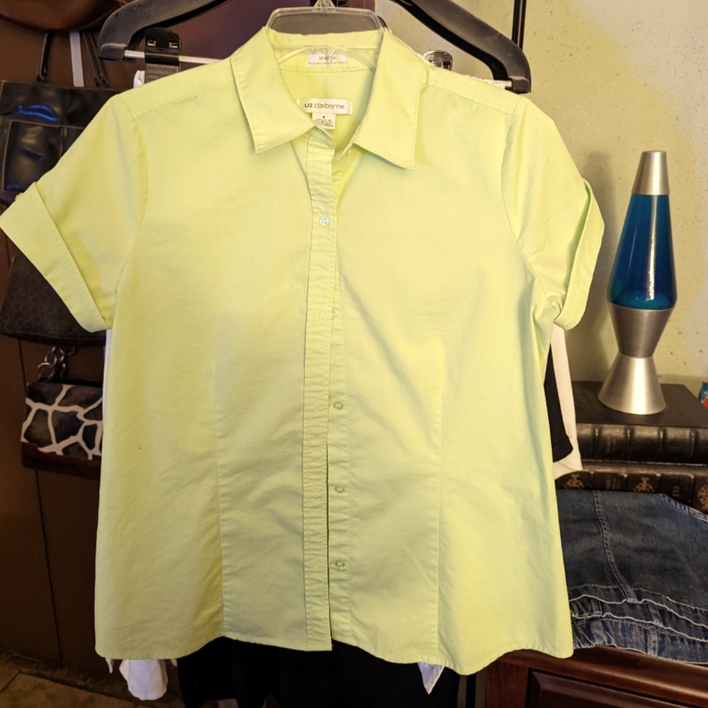Short sleeved neon green button up shirt